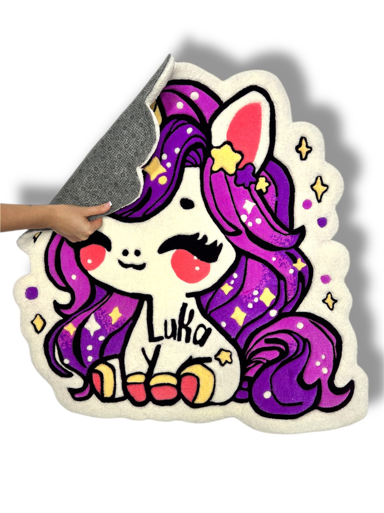Personalized handmade unicorn rug with anti-slip backing