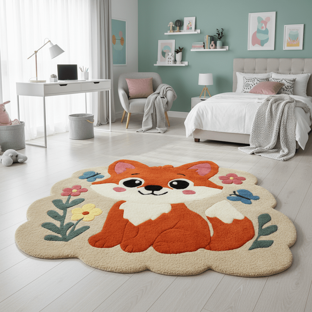 Handmade tufted rug fox in kid's room
