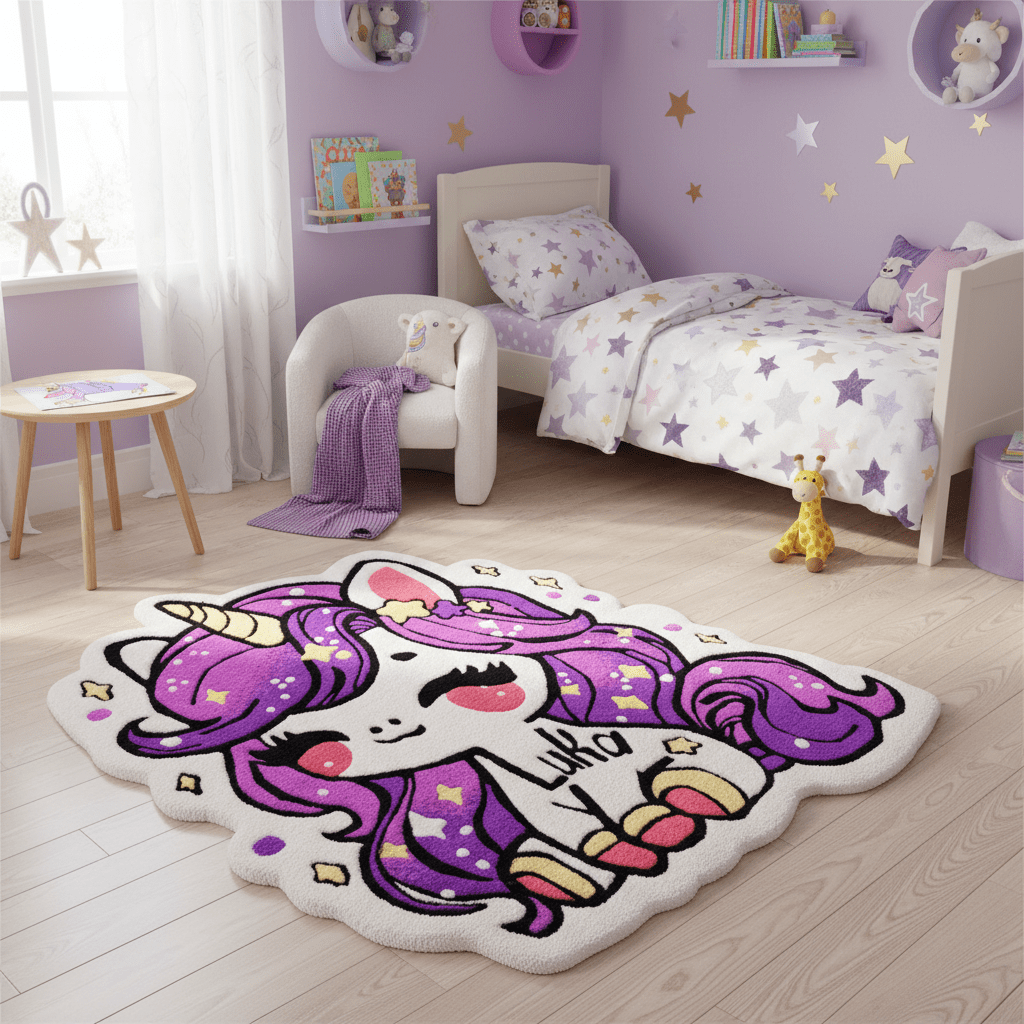 Handamade tufted rug unicorn in girl's room