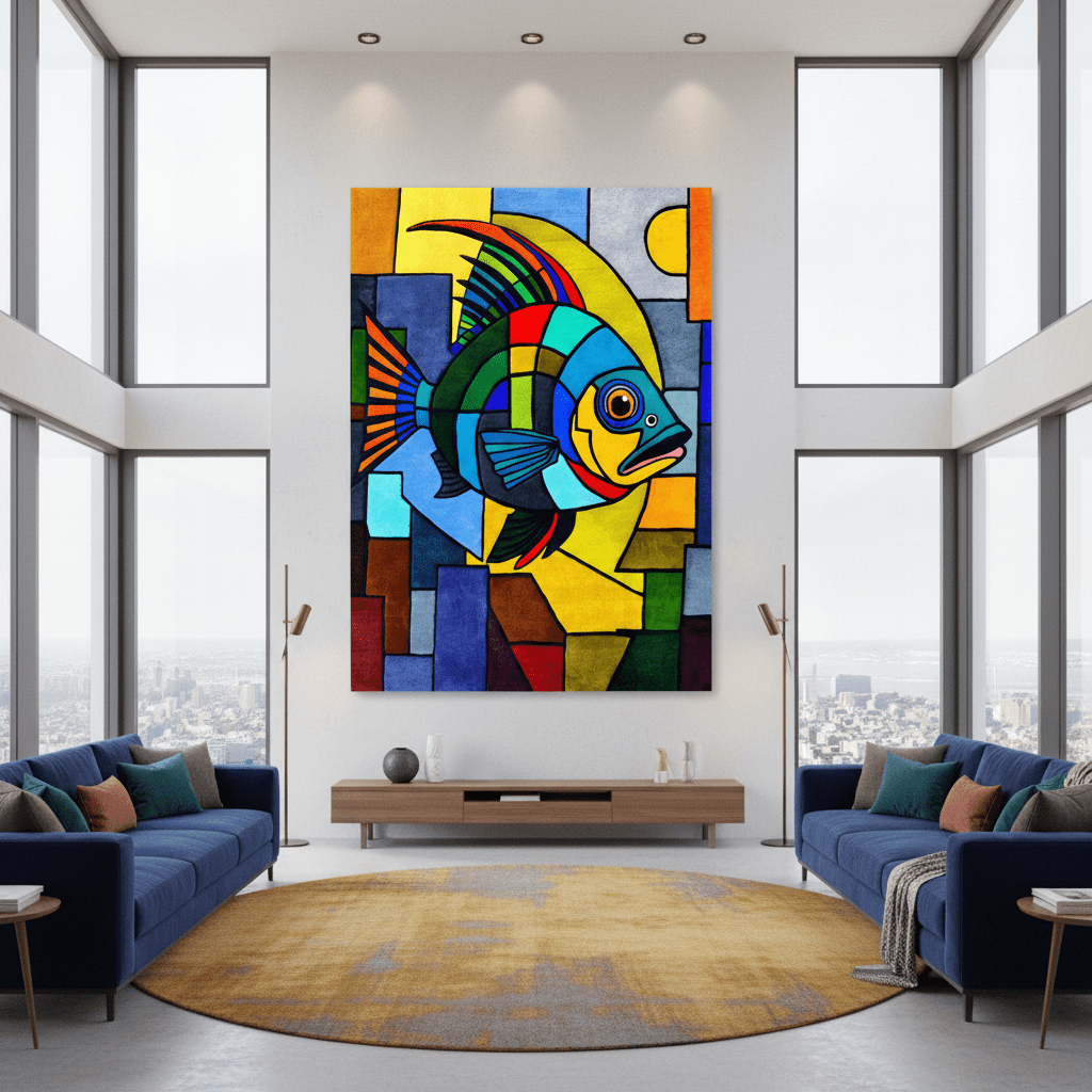 Handmade tufted fish rug in living room