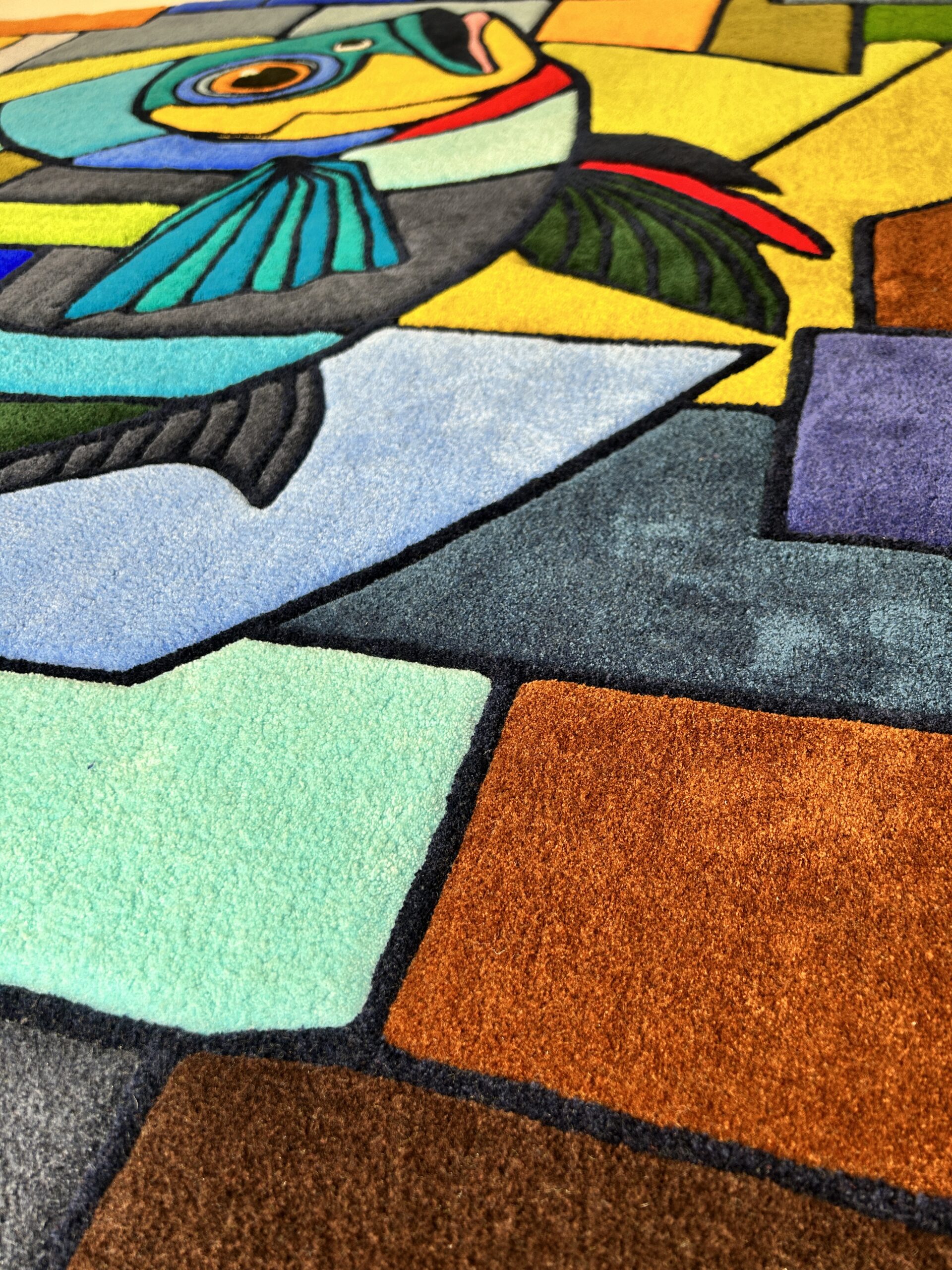Handmade tufted fish rug detailed view