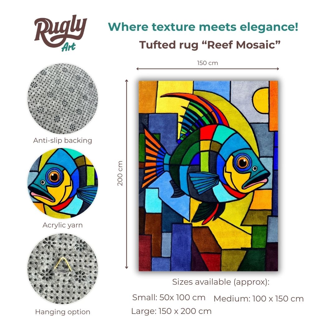 Handmade tufted fish rug infographic